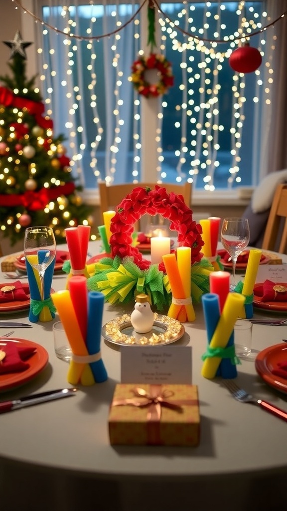 A Christmas table decorated with pool noodle wreath and place card holders, surrounded by festive ornaments and lights.